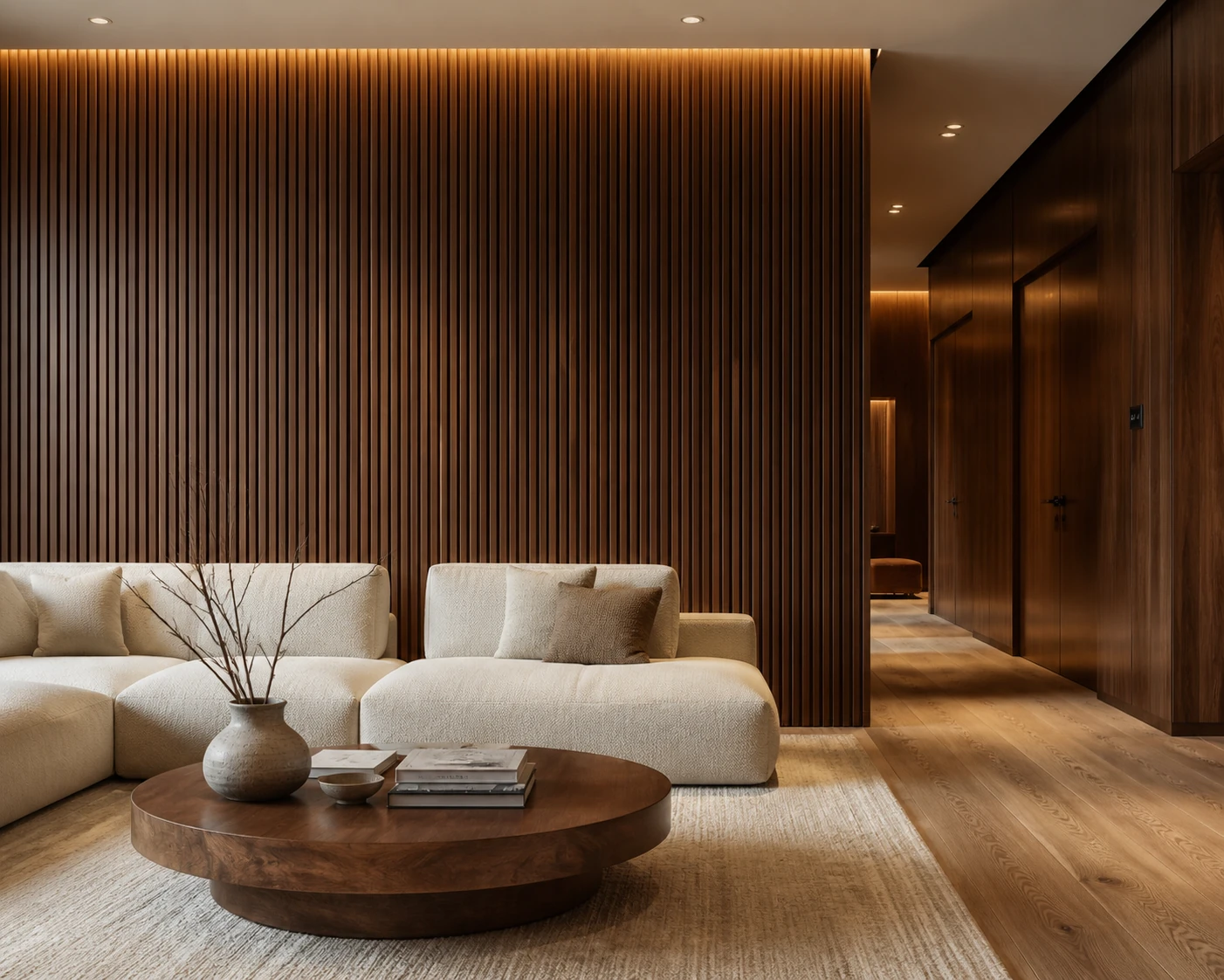 Warm contemporary living room finished with walnut fluted wall panels