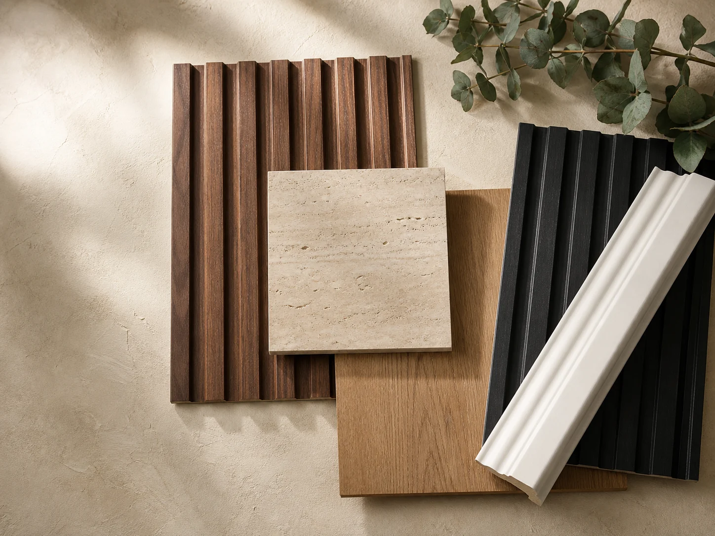 Fluted wood, stone, oak, charcoal panel and white moulding material samples
